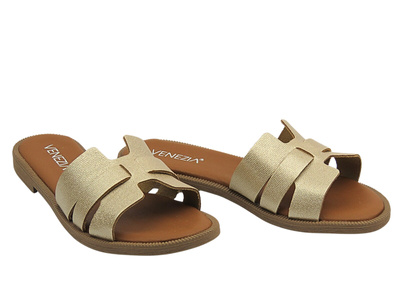 Elegantní dámské kožené pantofle ve zlaté barvě VENEZIA L012LEGOOBK093