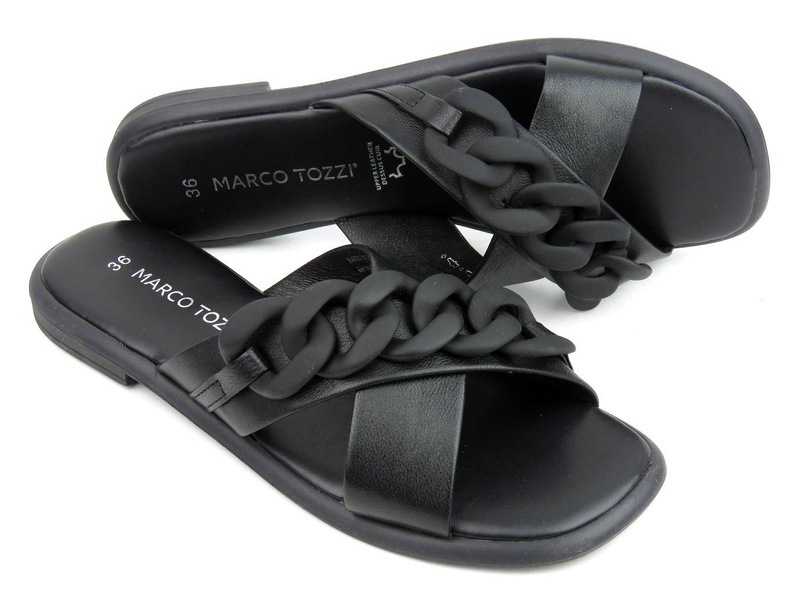 Dámské kožené pantofle s ozdobným řetízkem - MARCO TOZZI 27121, černé