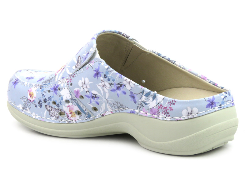Pohodlné dámské kožené, zdravotní žabky - Nursing Care WG4AF18, fialové s květinami