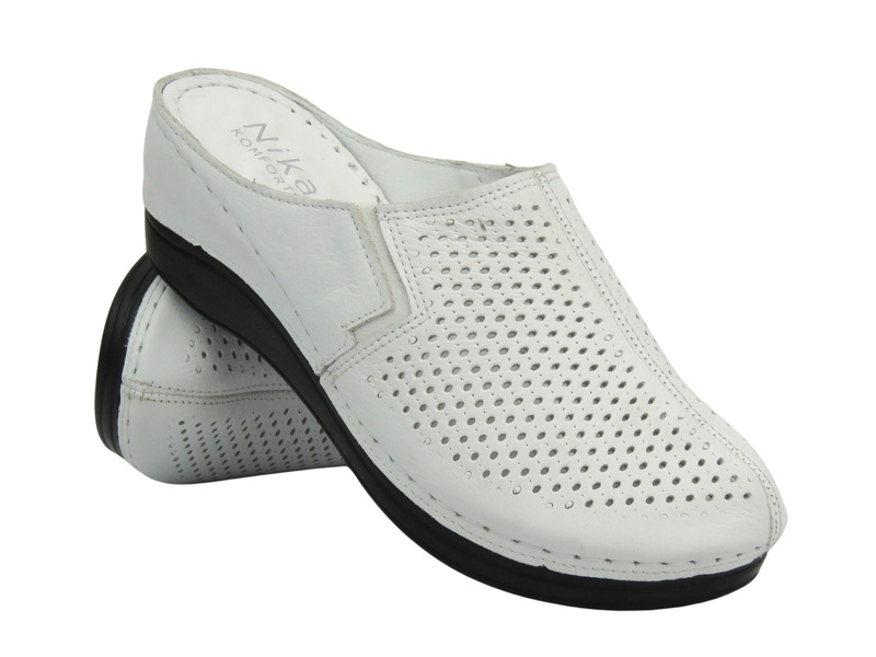 Kožené dámské žabky na klínu – Nika Komfort H-164, bílé, nazouvací