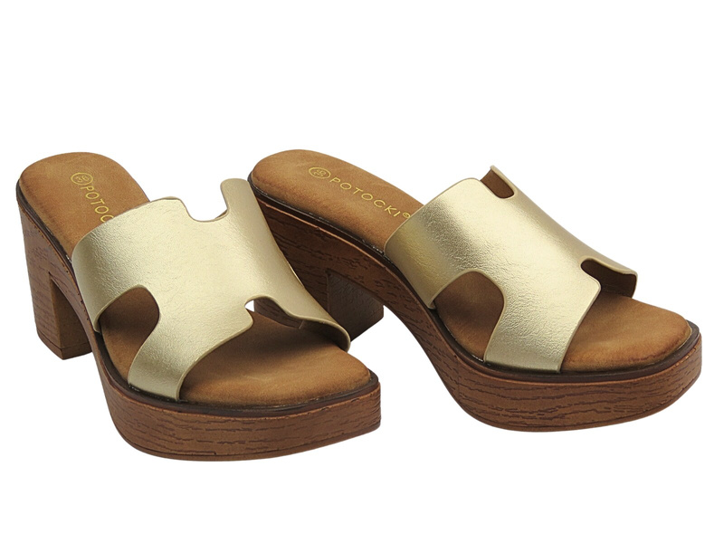 Dámské pantofle na podpatku zlaté Potocki 25-21355