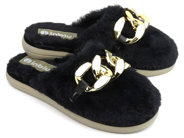 Dámské kožešinové pantofle s řetízkem - INBLU EK-06, černé