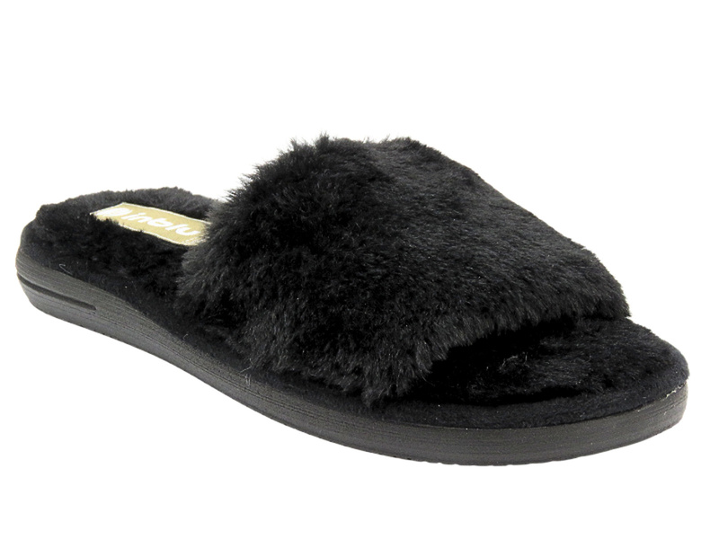 Dámské pantofle s umělou kožešinou bez krku - INBLU EK-11/2 Black Slip-On