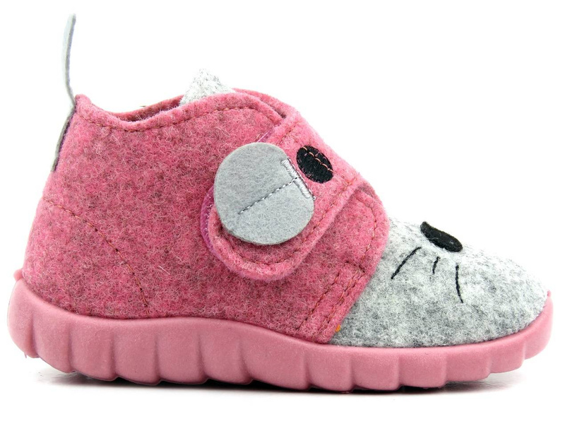 Plstěné dětské pantofle s myší - BEFADO 526P104, růžové a šedé