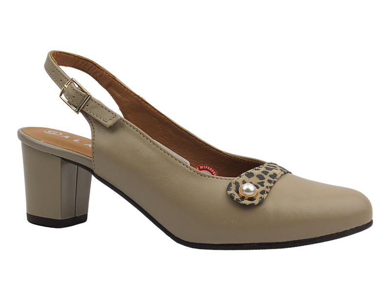 Kožené béžové lodičky na podpatku s leopardím vzorem GALANT 3205