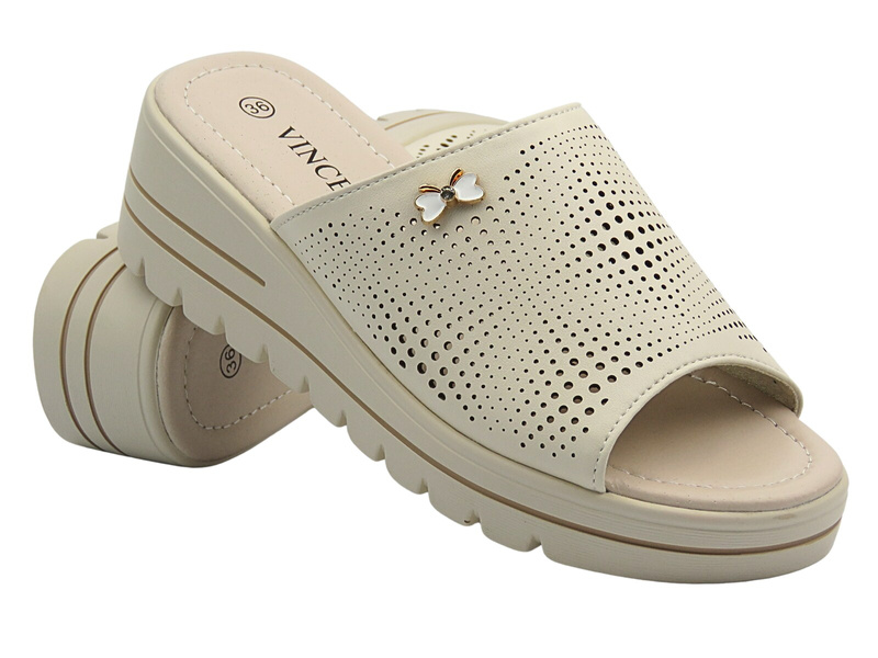 Dámské kožené nazouváky na jemném klínku, béžové – Vinceza 41477