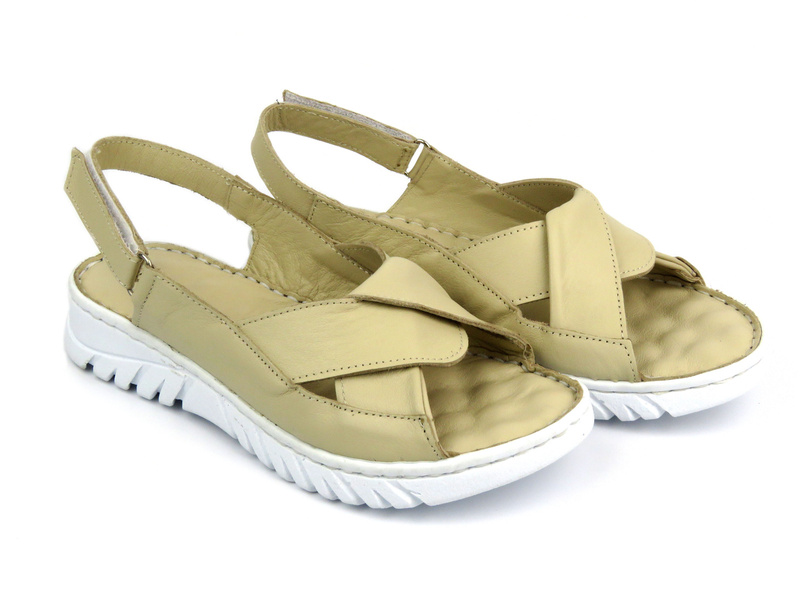 Dámské kožené sandály se suchým zipem - Potocki 24-84300, béžové