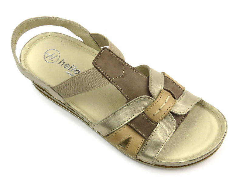 Dámské kožené sandály na jemném klínku zlaté Helios Komfort 129