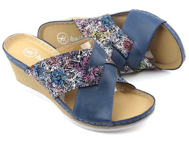 Dámské kožené sandály na klínku - HELIOS Komfort 297, tmavě modrá