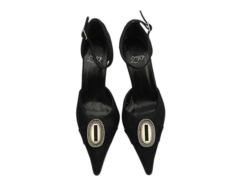 Kožené lodičky na podpatku Zygmunt 358 černé s ozdobnou sponou