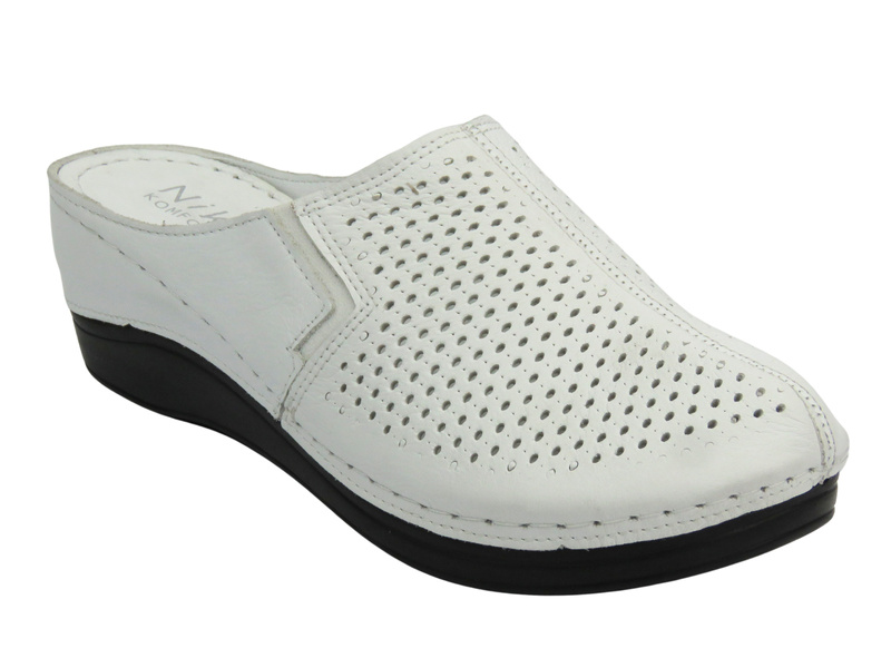 Kožené dámské žabky na klínu – Nika Komfort H-164, bílé, nazouvací