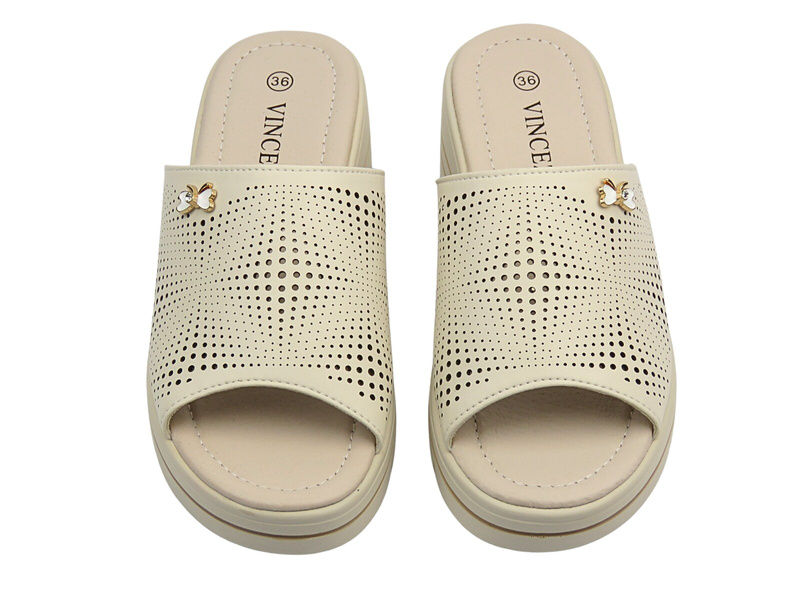 Dámské kožené nazouváky na jemném klínku, béžové – Vinceza 41477