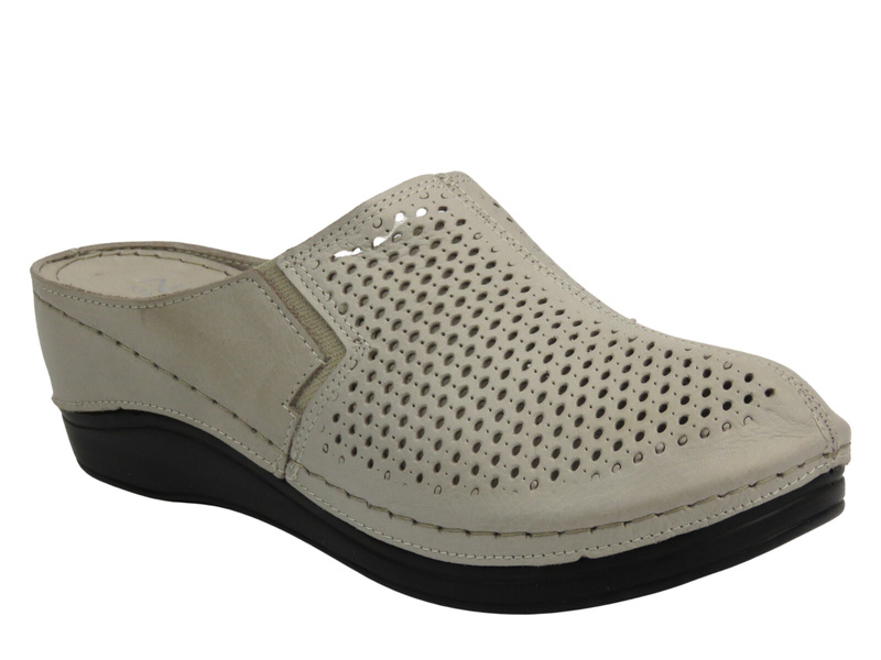 Kožené dámské žabky na klínu – Nika Komfort H-164, šedé, nazouvací