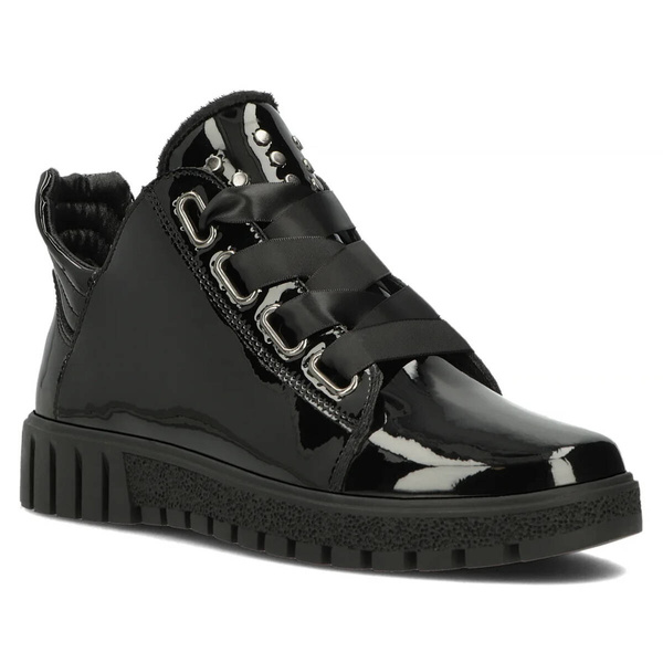 Dámské kotníkové kozačky na platformě - Filippo DBT3197/24, černá lakovaná kůže