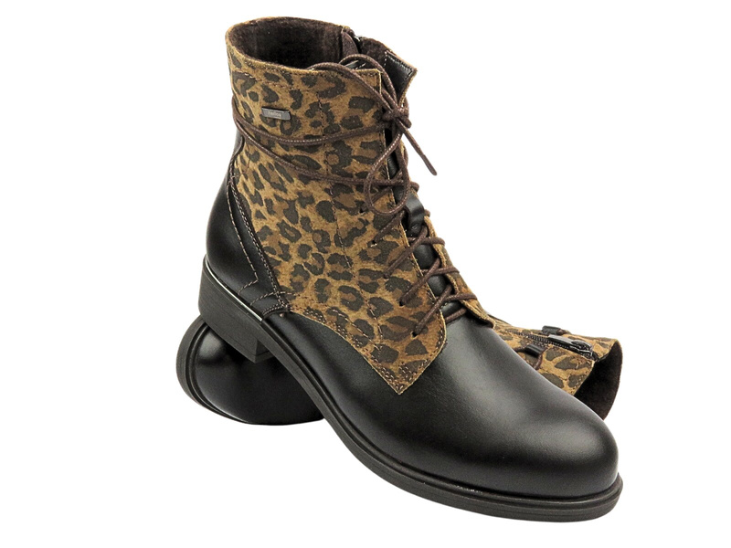 Dámské kožené návleky - HELIOS Comfort 583A, tmavě hnědé s leopardím vzorem