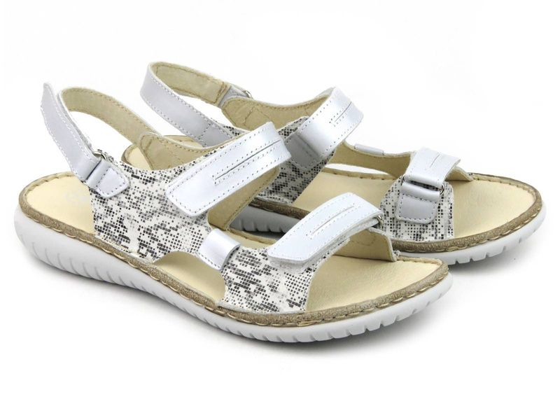Dámské kožené sandály na suchý zip - Helios Komfort 794S, stříbrné