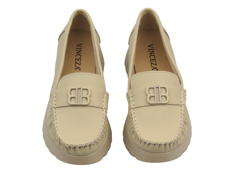 Polobotky, dámské mokasíny z přírodní kůže béžové Vinceza 66771