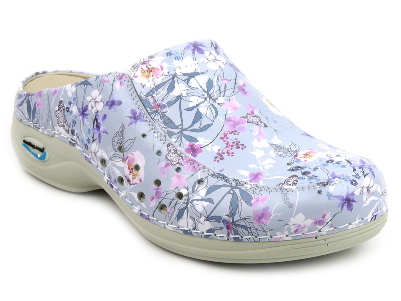 Pohodlné dámské kožené, zdravotní žabky - Nursing Care WG4AF18, fialové s květinami