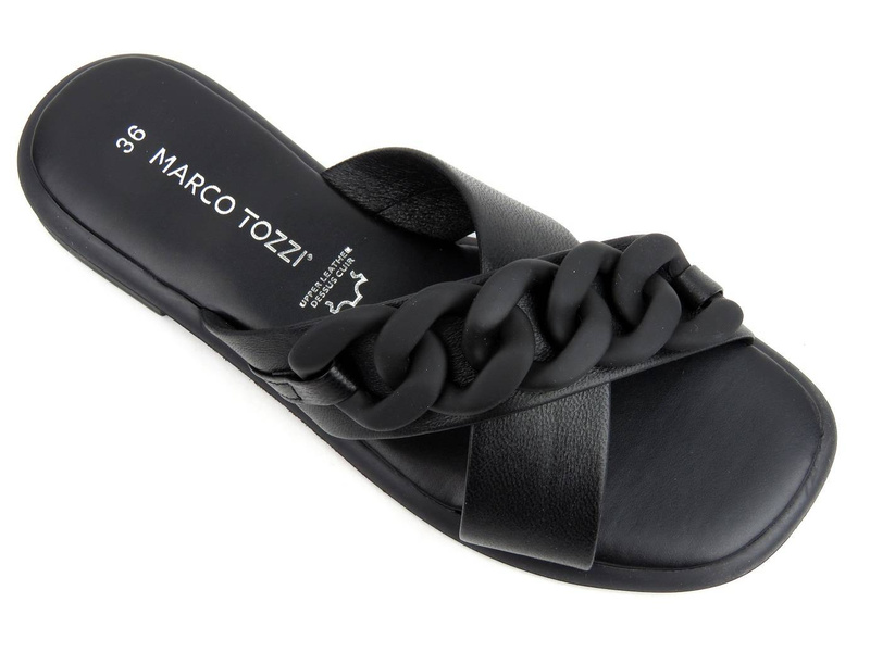 Dámské kožené pantofle s ozdobným řetízkem - MARCO TOZZI 27121, černé