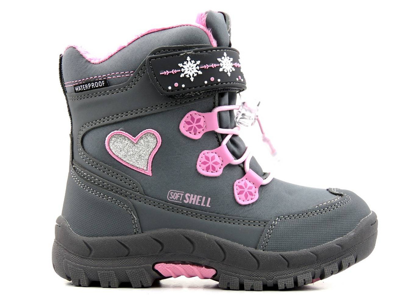 Dětské sněhule AMERICAN CLUB Soft Shell HL 38/23, šedé a růžové se srdíčkem