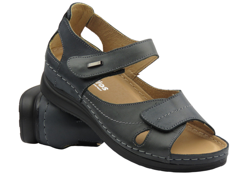 Kožené dámské sandály na suchý zip grafitové Helios Komfort 139