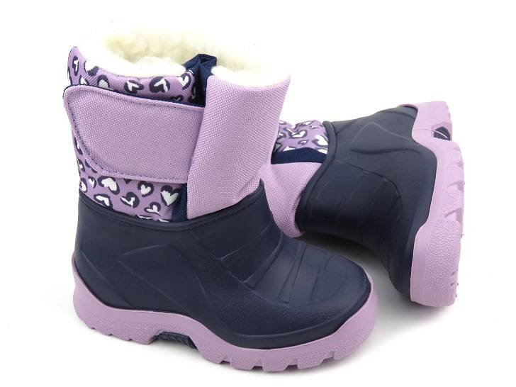 Teplé dětské sněhule na suchý zip - Manitu 120003-59, fialové se srdíčky