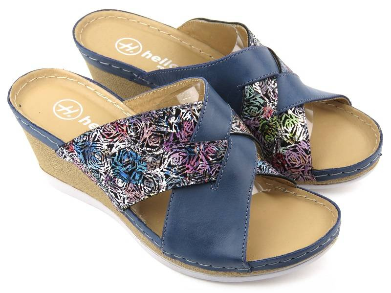 Dámské kožené sandály na klínku - HELIOS Komfort 297, tmavě modrá