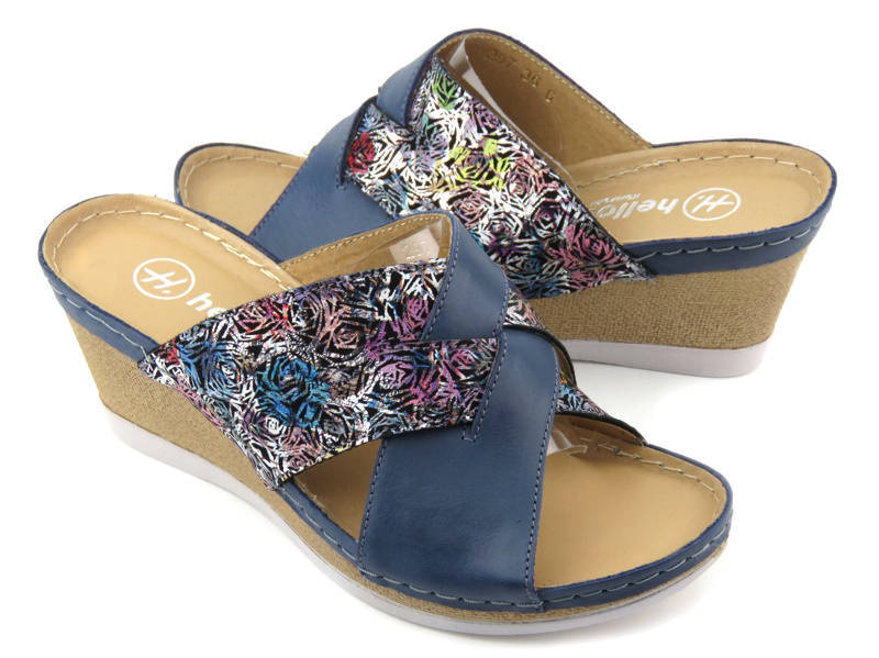 Dámské kožené sandály na klínku - HELIOS Komfort 297, tmavě modrá