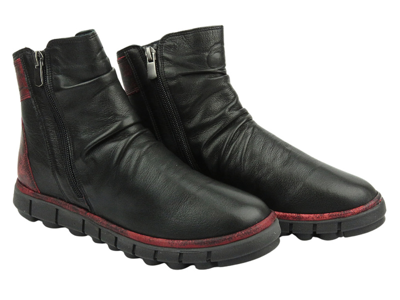 Dámské kotníkové boty na dva zipy - MANITU 990164-04, černé s červenými doplňky