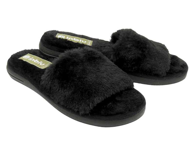 Dámské pantofle s umělou kožešinou bez krku - INBLU EK-11/2 Black Slip-On